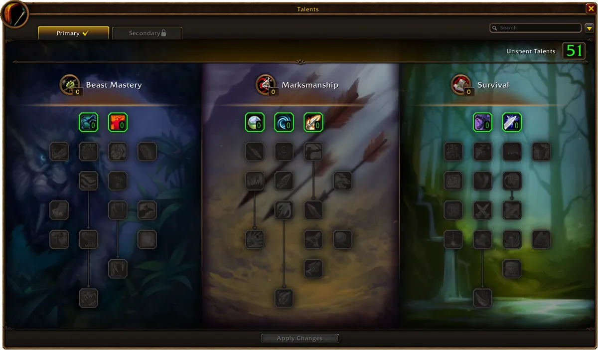 Les trois arbres de talents du chasseur dans la bêta de WoW Forever (vue au niveau 60, en anglais). © Blizzard Entertainment