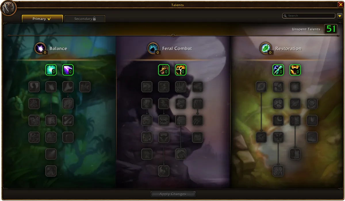 Les trois arbres de talents du druide dans la bêta de WoW Forever (vue au niveau 60, en anglais). © Blizzard Entertainment