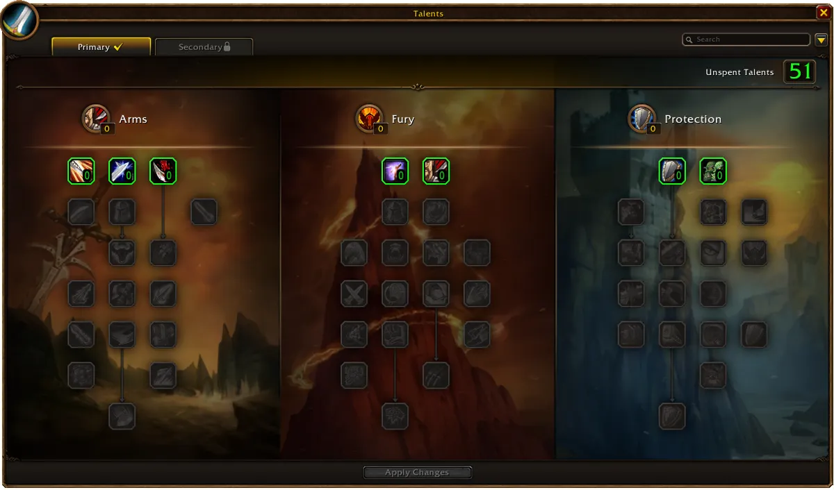 Les trois arbres de talents du guerrier dans la bêta de WoW Forever (vue au niveau 60, en anglais). © Blizzard Entertainment