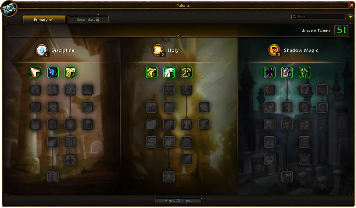 Les trois arbres de talents du prêtre dans la bêta de WoW Forever (vue au niveau 60, en anglais). © Blizzard Entertainment